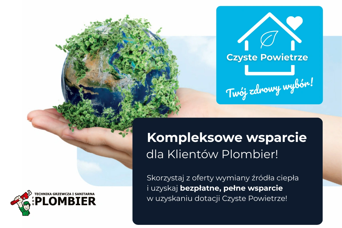 Obrazek przedstawia usługę wsparcia w uzyskaniu dotacji z programu Czyste Powietrze 2026, jaką świadczy firma Plombier