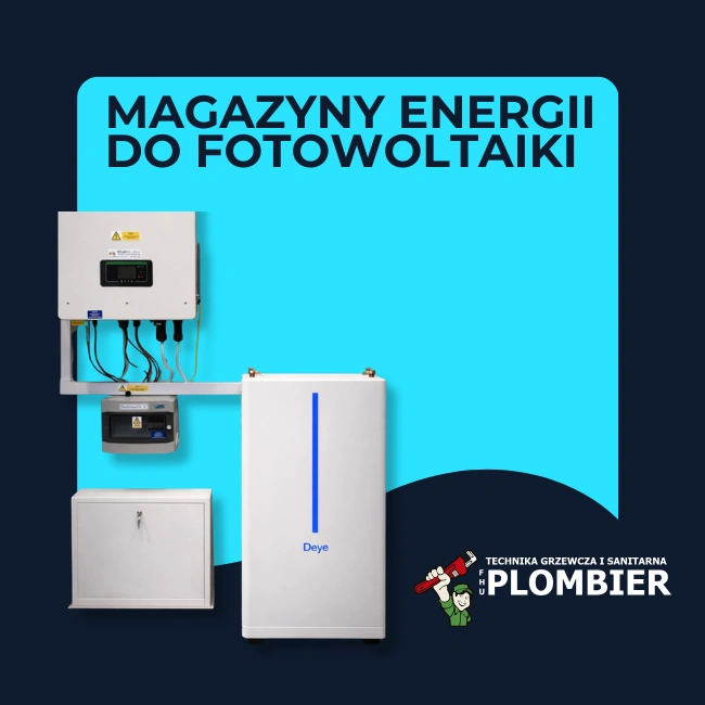 Obraz przedstawia zachętę do skorzystania z oferty montażu magazynów energii do fotowoltaiki świadczonej przez firmę Plombier