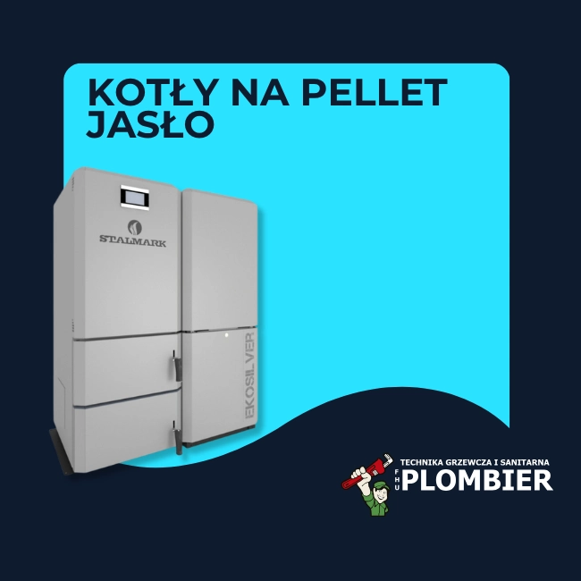 Obraz przedstawia ofertę firmy Plombier w zakresie kotłów i pieców na pellet w Jaśle